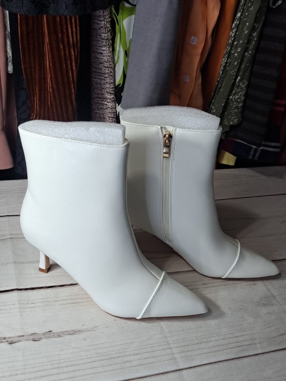 White Pointed-Toe Ankle Boots with Side Zip